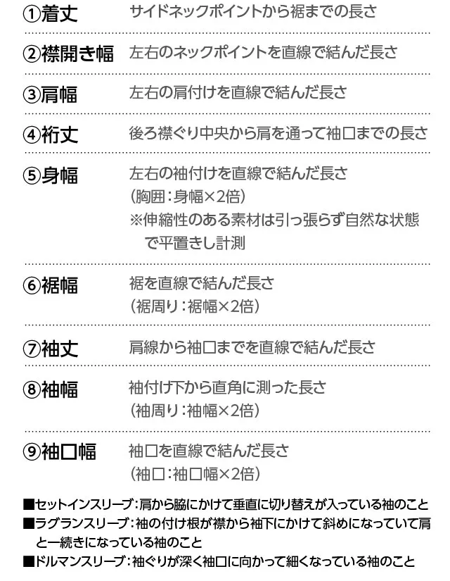 トップス・ワンピースの採寸方法