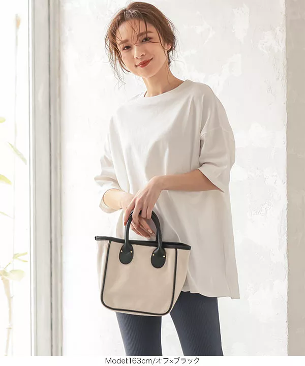 キャンバス×フェイクレザーミニトートバッグ [B1404] - レディース