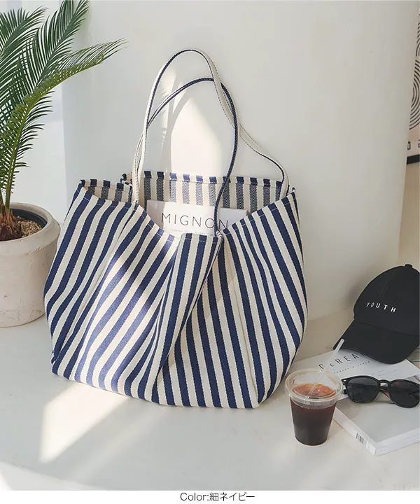 ストライプ柄キャンバスビッグトートバッグ [B1584] - レディース