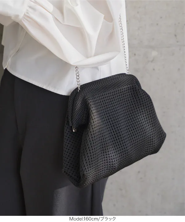 チェーンショルダー付きがま口メッシュバッグ [B1658] - レディース