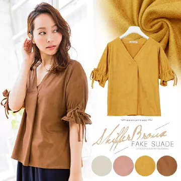 フェイクスエードスキッパー袖リボンブラウス [C2820]  　