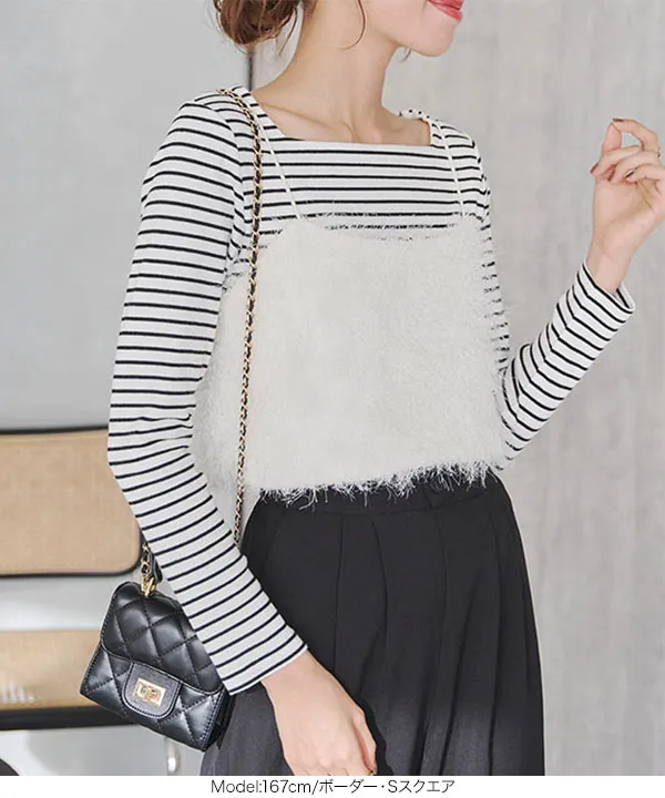 前身頃二重長袖リブカットソートップス [C365F] - レディース