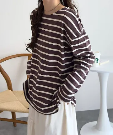 無地 or ボーダー コットン100％ ゆったりボーダーチュニックカットソー [C386E]