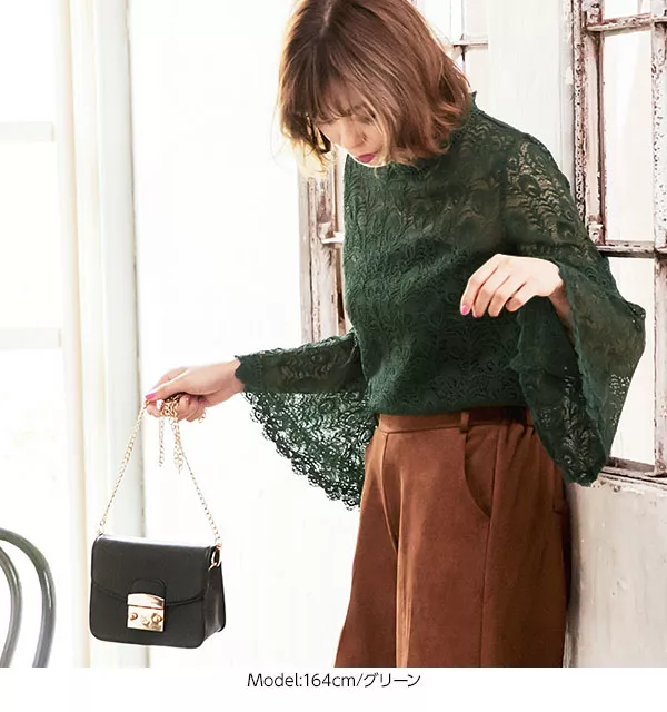 フレア袖ハイネックレーストップス [C3409] - レディースファッション