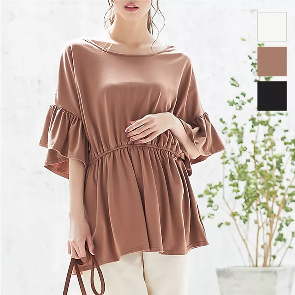 ウエストギャザーカットフレアスリーブトップス [C3887