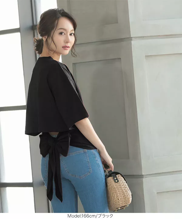 バックリボン5分袖Tシャツ [C3921]  　 | トップス全品送料無料！9/11(金)18:00〜9/14(月)朝11:59まで