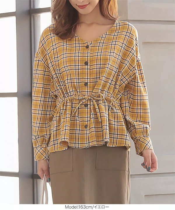 ウエストギャザーチェックブラウス [C3978]   　 | トップス全品送料無料！9/11(金)18:00〜9/14(月)朝11:59まで
