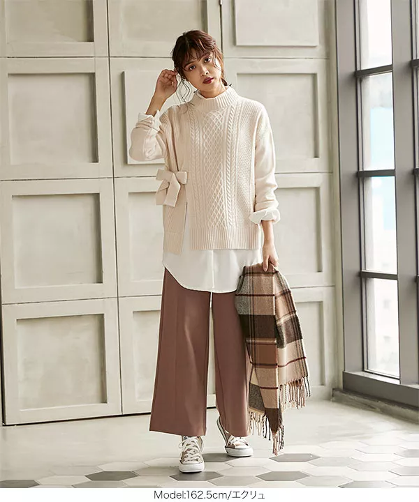 サイドリボンケーブルニットトップス [C4068] - レディース