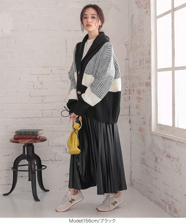 バイカラーニットロングカーディガン [C4298] - レディース