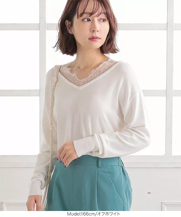 ルネ♡レースニット COCOMOMO｜重ね着風レースニット ハイネック 袖レースニット 袖レース