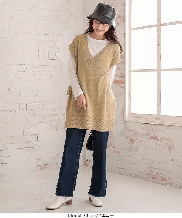 [ 2点セット ]ロングTシャツサイドリボンVネックニットベスト [C4916]   　