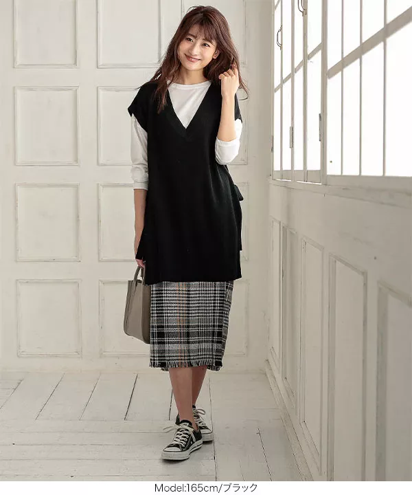 [ 2点セット ]ロングTシャツサイドリボンVネックニットベスト [C4916]   　