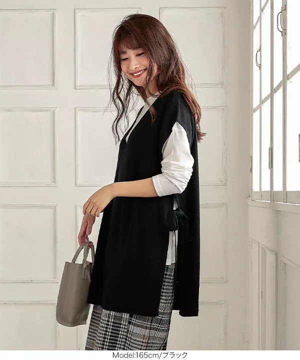 [ 2点セット ]ロングTシャツサイドリボンVネックニットベスト [C4916]   　