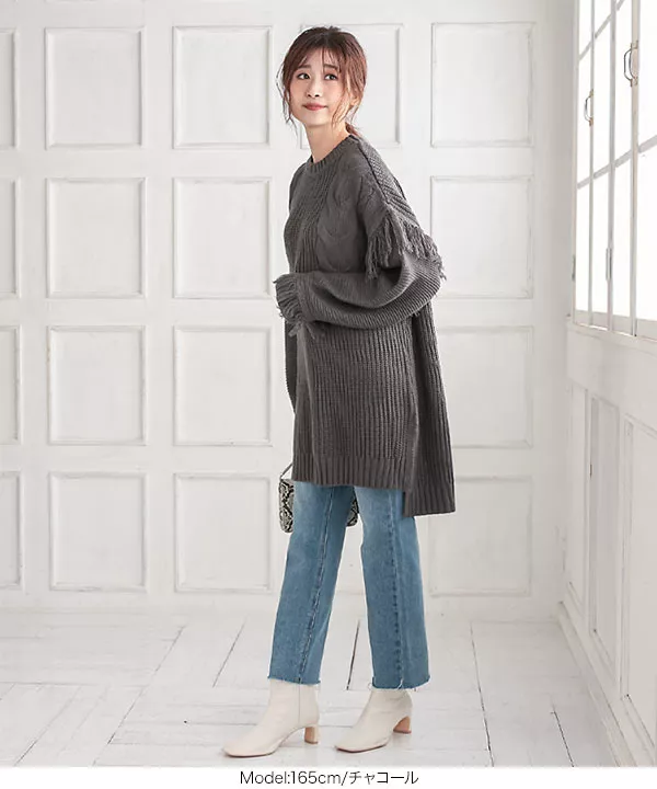 フリンジ付きニットチュニック [C5041] - レディースファッション通販