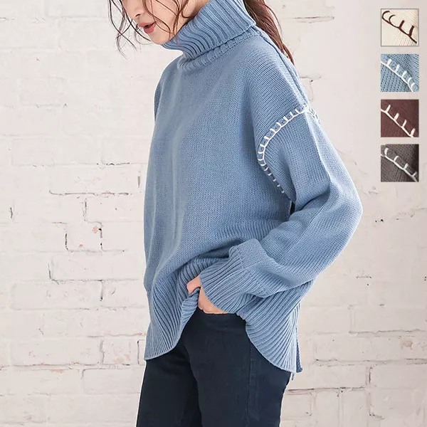 バックスリットステッチタートルニットトップス [C5080] - レディース