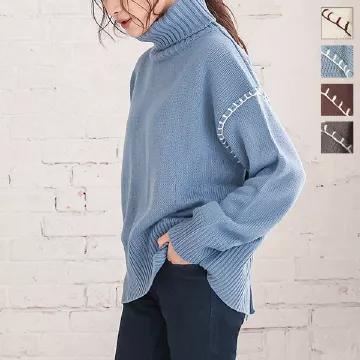 バックスリットステッチタートルニットトップス [C5080]   　