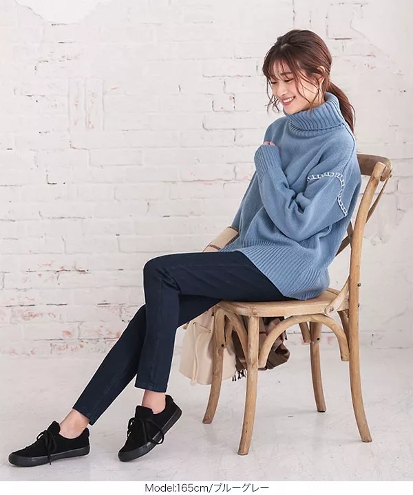 バックスリットステッチタートルニットトップス [C5080] - レディース