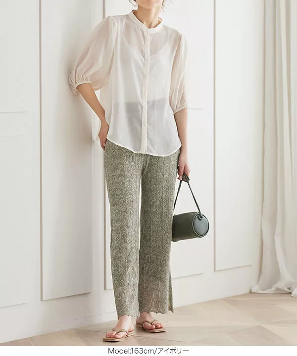 バンドカラー楊柳シフォンブラウス [C5344] - レディースファッション