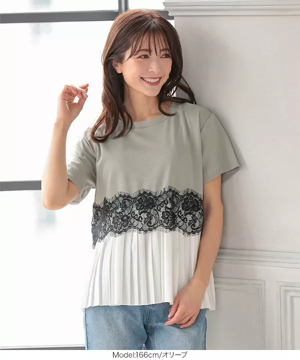 レース切り替え裾プリーツカットトップス [C5389] - レディース
