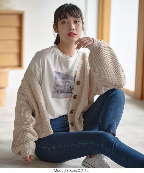 インドネシアVネックケーブルニットカーディガン [C5517] - レディース