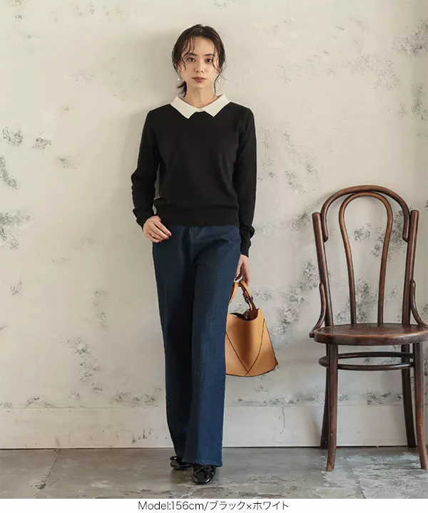 美品 L'EQUIPE レキップ レディース ハイゲージ 8分袖 ニット size38 M相当 春秋 大きいドット ブラック×ホワイト コットン混 ビギ 襟付きハイゲージニット [C5818] - レディースファッション通販