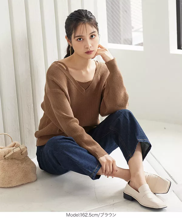 [ 2点セット ]アメスリキャミ×Vネックニット [C5824] | トップス全品送料無料！9/11(金)18:00〜9/14(月)朝11:59まで