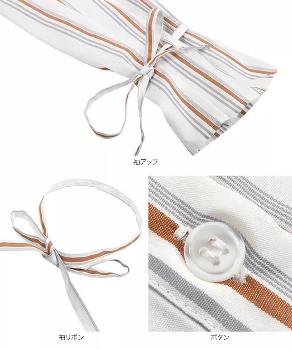 ストライプ袖リボンブラウス [C5896]   　 | トップス全品送料無料！10/2(金)18:00〜10/5(月)朝11:59まで
