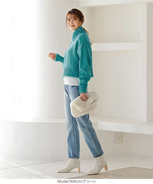 クロップドモックネックメランジニットトップス [C5922] - レディース