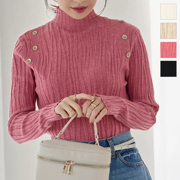 ゴールドボタンウェーブニットトップス [C5938] - レディース