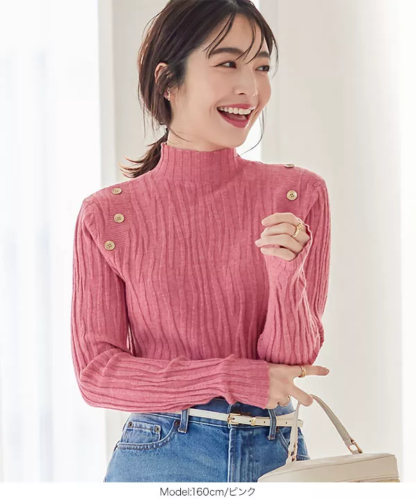 ゴールドボタンウェーブニットトップス [C5938] - レディース