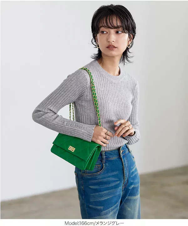 袖ボタンリブニットトップス [C5975] - レディースファッション通販