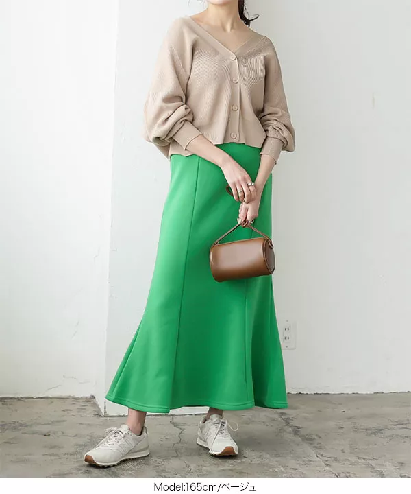 スカーラリブニットトレンカ　グリーン　L 新品 ニット セーター レザーパッチ ラグラン スリーブ カラーニット