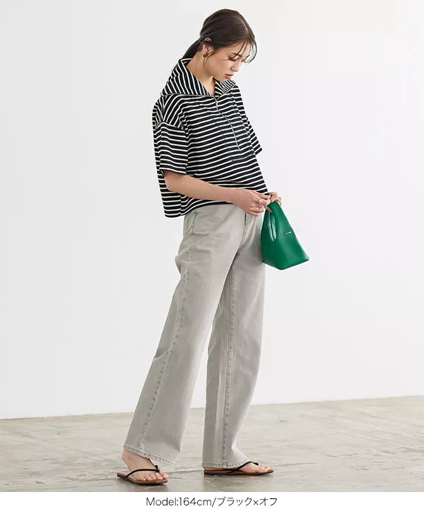 ワッフルボーダートップス LACOSTE（ラコステ） tシャツ ラウンドヘム 配色リブカラー ワッフル