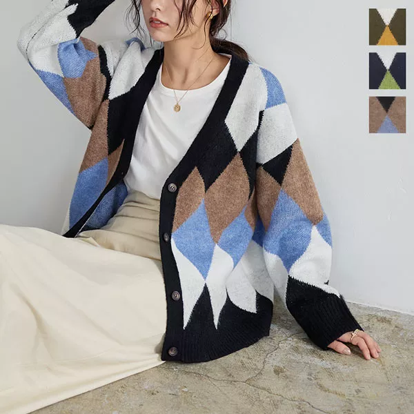 アーガイルオーバーカーディガン [C6211] - レディースファッション
