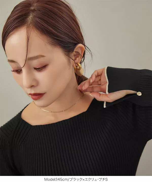 田中亜希子さんコラボ ]選べる3サイズ フレア袖配色リブニットトップス