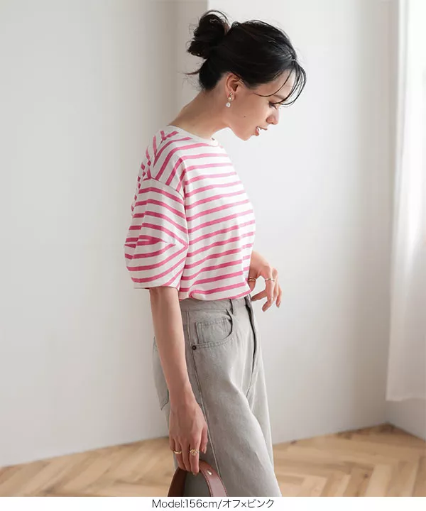 新品♡オーガンジースリーブ ボーダートップス カットソー トップス ボーダー カットソー レディース ロンT オーバーサイズ
