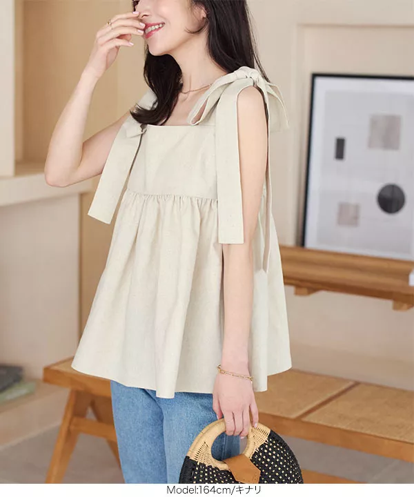 ショルダーリボンリネントップス [C6251] - レディース