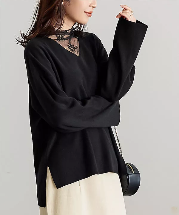 黒 フレア袖 Vネック トップス 田中亜希子さんコラボ ]選べる3サイズ フレア袖配色リブニットトップス