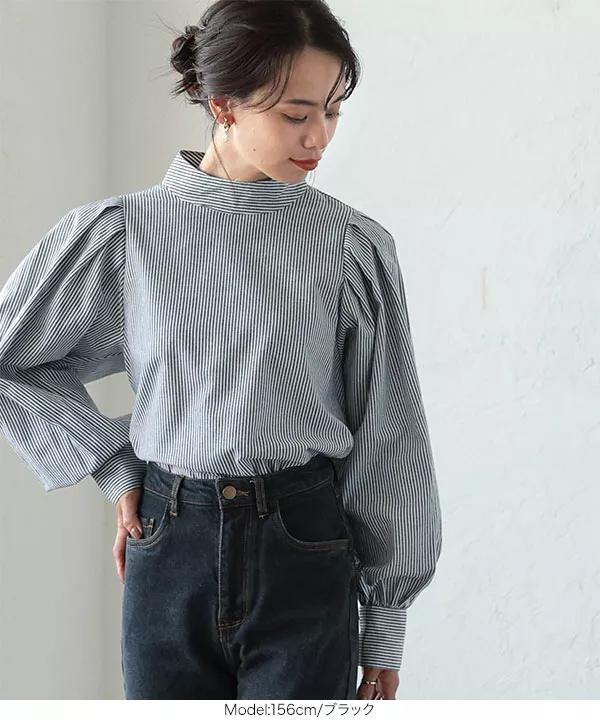 バックリボンボリュームスリーブストライプブラウス [C6279