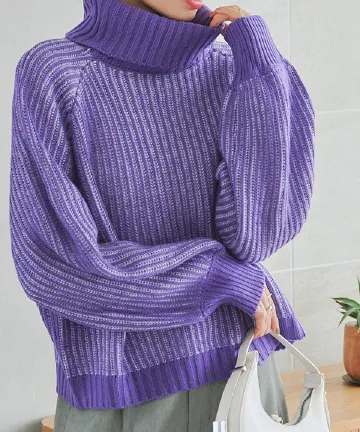 ボリュームスリーブストライプニットトップス [C6293]