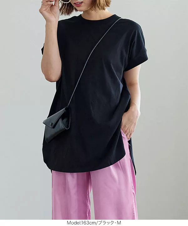 クルーネックサイドスリットチュニックＴシャツ [C6299]   　