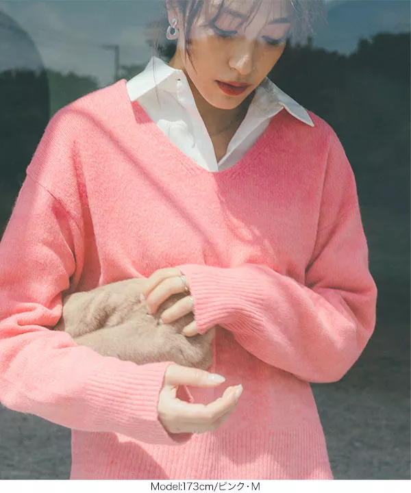 ウォッシャブルヤク風Vネックニットトップス [C6300] - レディース