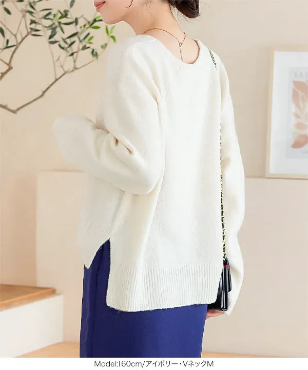 ウォッシャブルVネックorモックネックスフレニットトップス