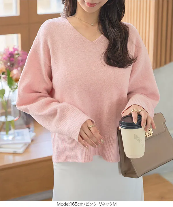 ウォッシャブルVネックorモックネックスフレニットトップス [C6301]