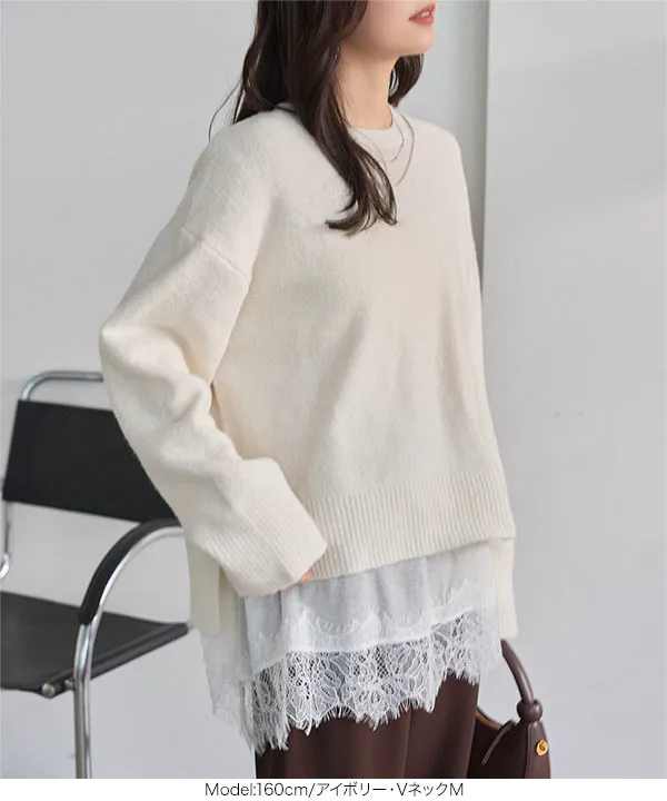 ウォッシャブルVネックorモックネックスフレニットトップス [C6301