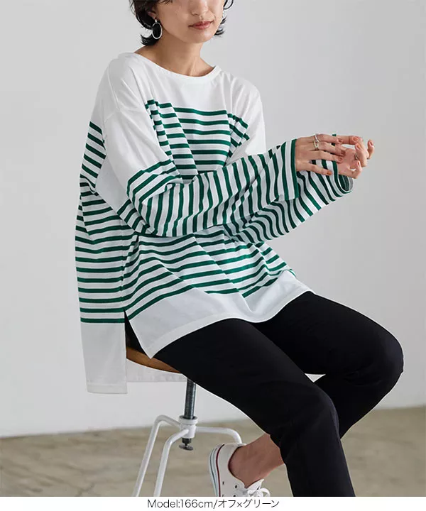 パネルボーダービッグロンT [C6319] - レディースファッション通販