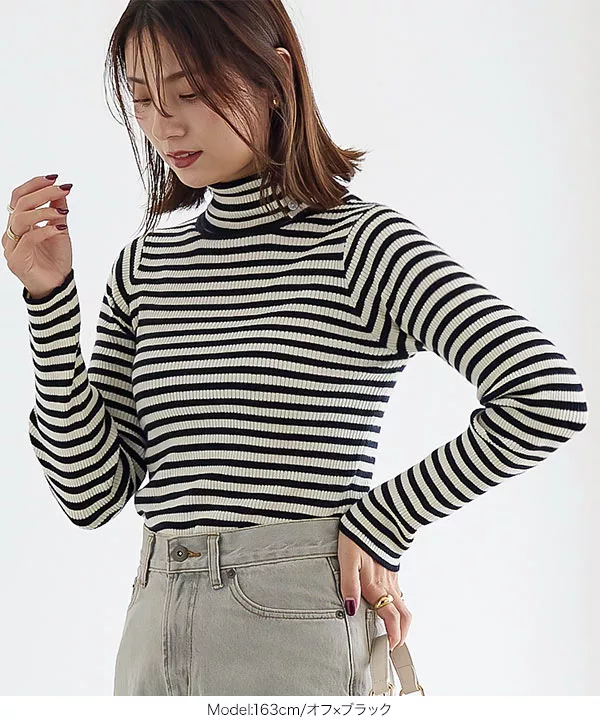 ボタン開きリブタートルネックニット [C6341] - レディース