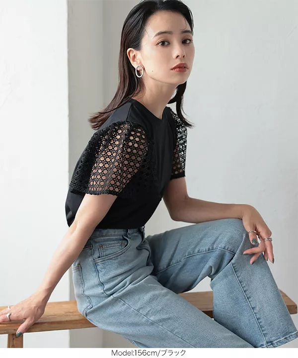 レース切り替え袖ドッキングTシャツ [C6353]   　