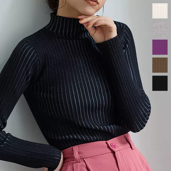プレーティングモックネックリブニットトップス [C6421] - レディース