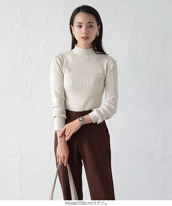 プレーティングモックネックリブニットトップス [C6421] - レディース